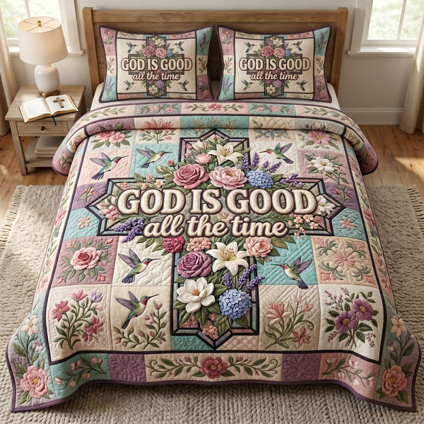 Christian Faith quilted 3-piece bedding set on a made bed in a softly lit bedroom