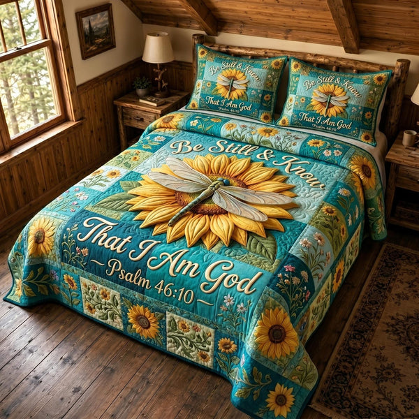 Christian Faith quilted 3-piece bedding set on a made bed in a softly lit bedroom
