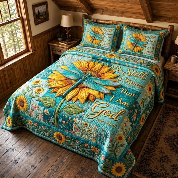 Christian Faith quilted 3-piece bedding set on a made bed in a softly lit bedroom