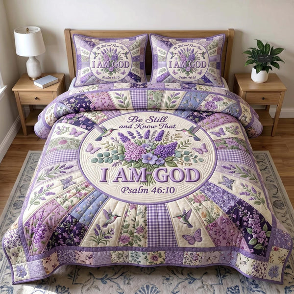 Christian Faith quilted 3-piece bedding set on a made bed in a softly lit bedroom