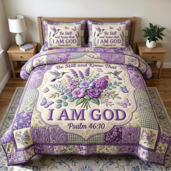 Christian Faith quilted 3-piece bedding set on a made bed in a softly lit bedroom