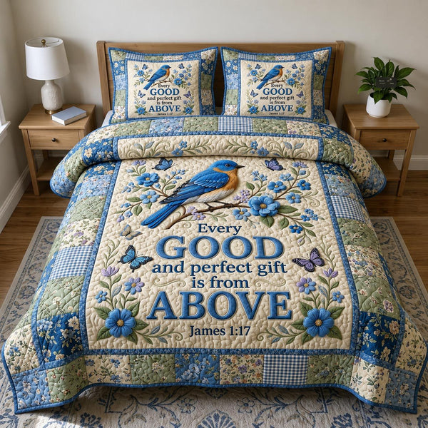 Christian Faith quilted 3-piece bedding set on a made bed in a softly lit bedroom
