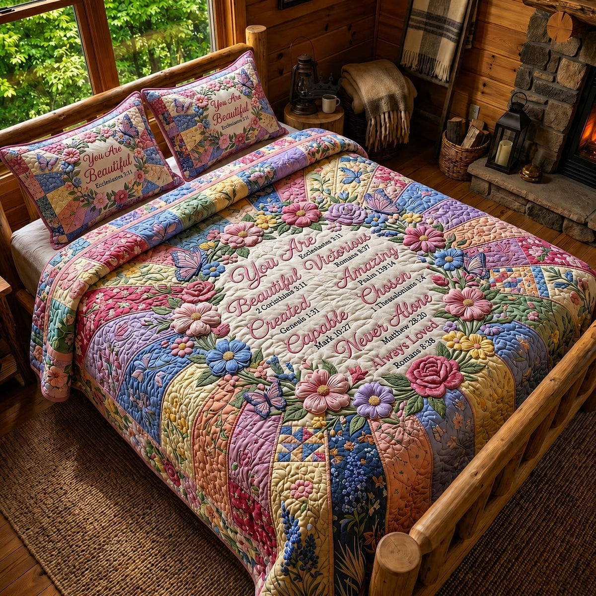 Christian Faith quilted 3-piece bedding set on a made bed in a softly lit bedroom