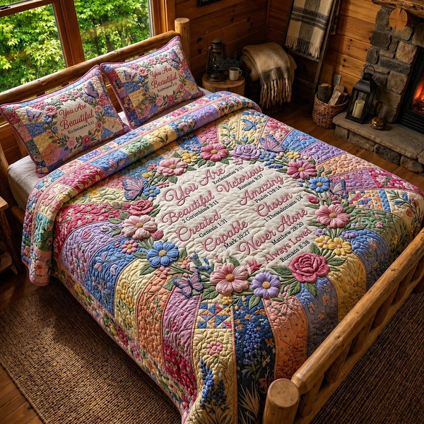 Christian Faith quilted 3-piece bedding set on a made bed in a softly lit bedroom