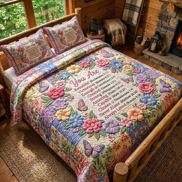 Christian Faith quilted 3-piece bedding set on a made bed in a softly lit bedroom