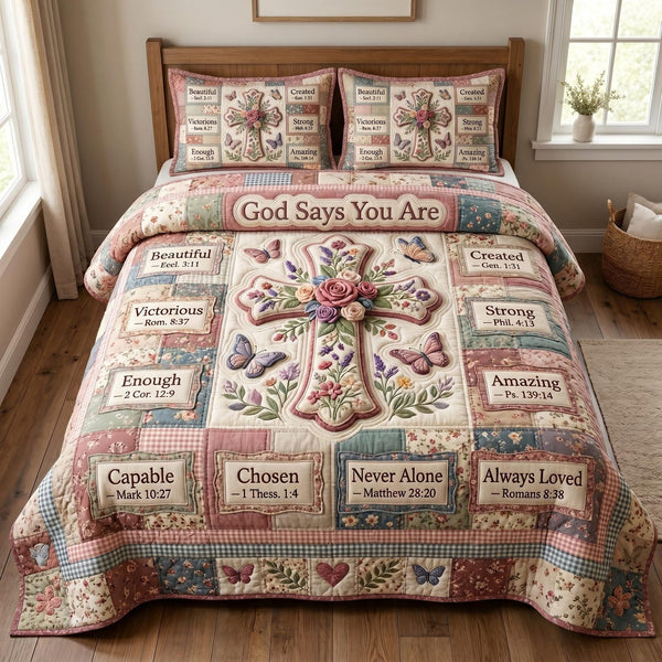 Christian Faith quilted 3-piece bedding set on a made bed in a softly lit bedroom