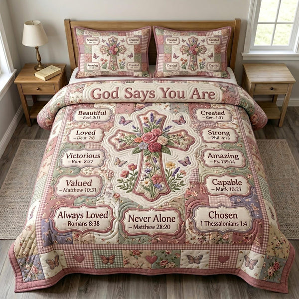 Christian Faith quilted 3-piece bedding set on a made bed in a softly lit bedroom