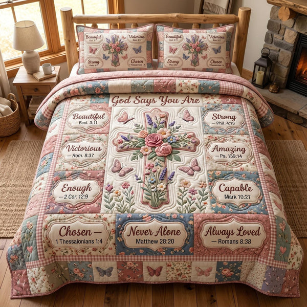 Christian Faith quilted 3-piece bedding set on a made bed in a softly lit bedroom