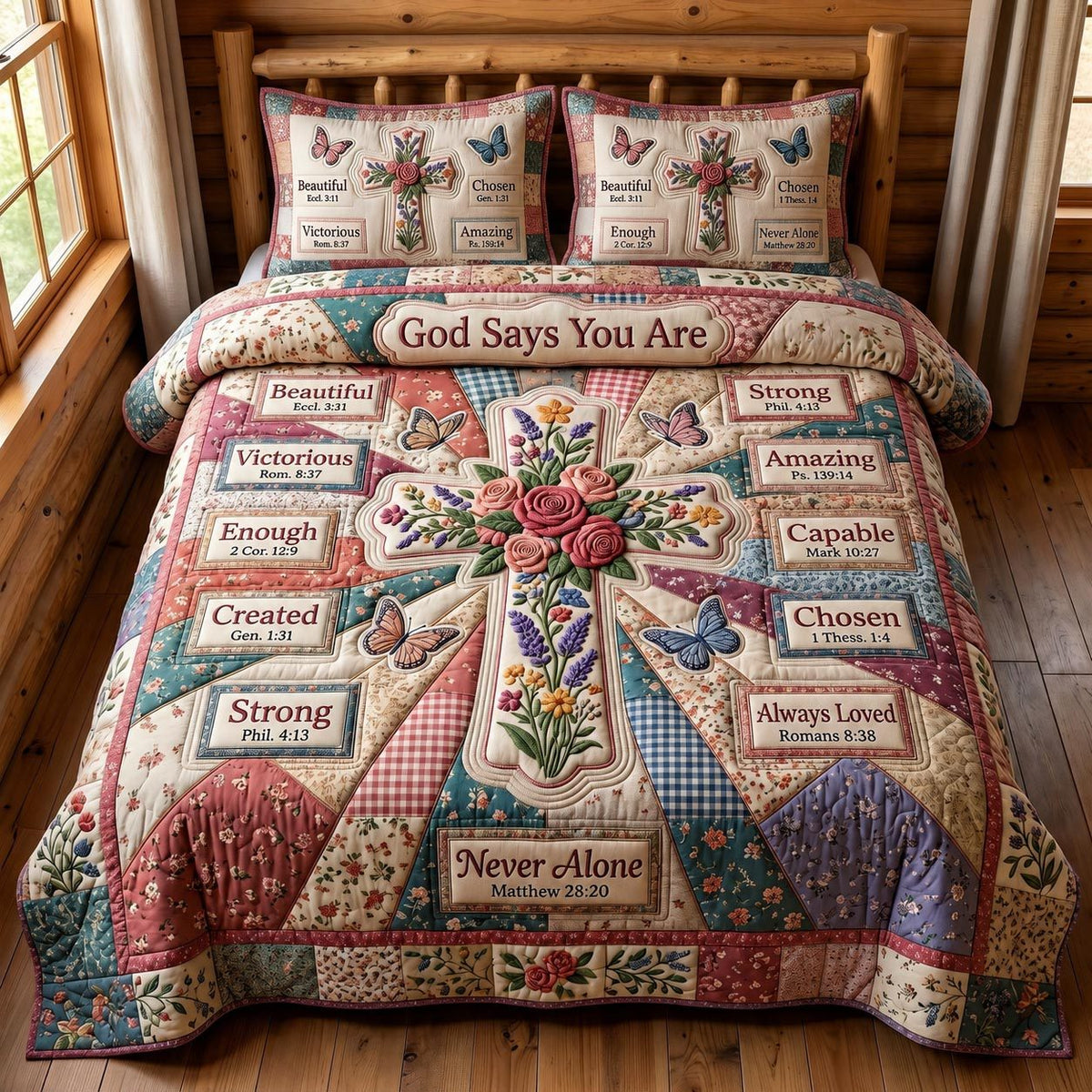 Christian Faith quilted 3-piece bedding set on a made bed in a softly lit bedroom