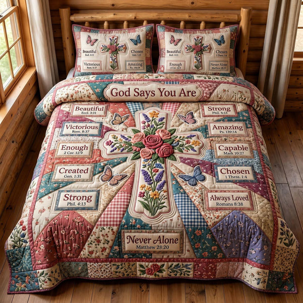 Christian Faith quilted 3-piece bedding set on a made bed in a softly lit bedroom