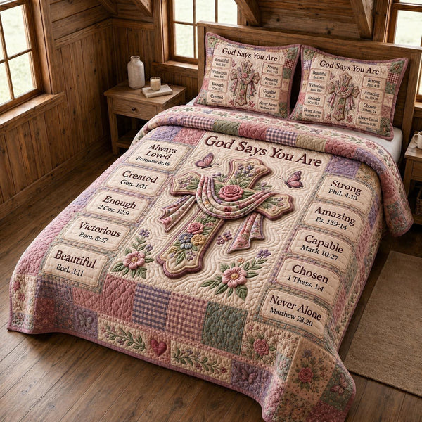 Christian Faith quilted 3-piece bedding set on a made bed in a softly lit bedroom