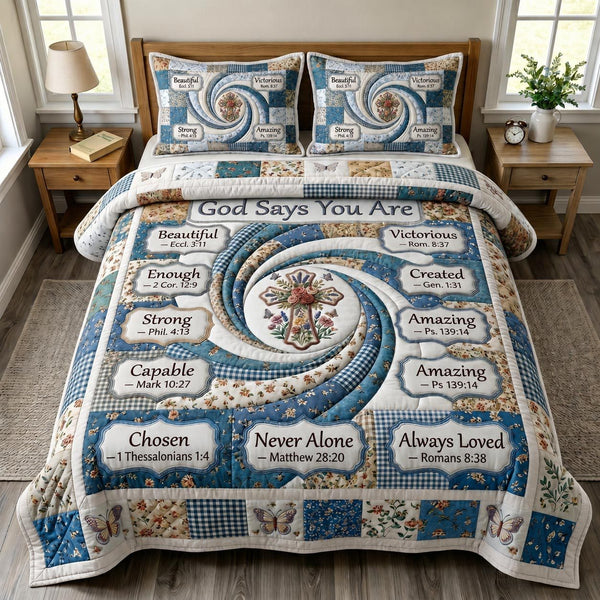 Christian Faith quilted 3-piece bedding set on a made bed in a softly lit bedroom