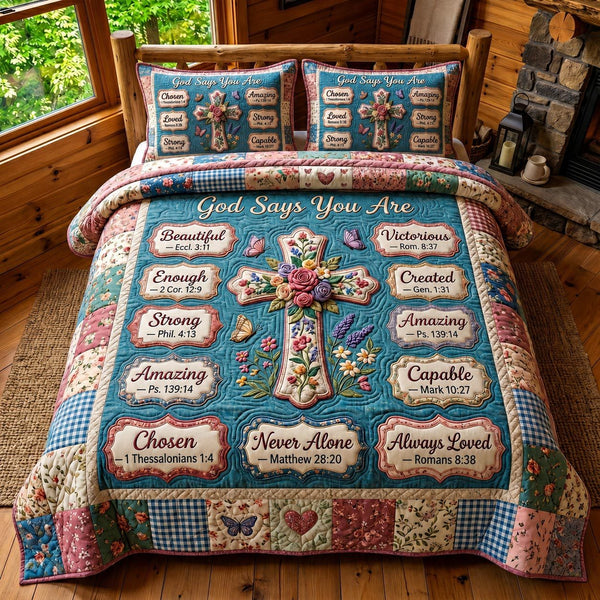 Christian Faith quilted 3-piece bedding set on a made bed in a softly lit bedroom