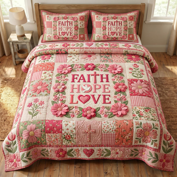 Christian Faith quilted 3-piece bedding set on a made bed in a softly lit bedroom