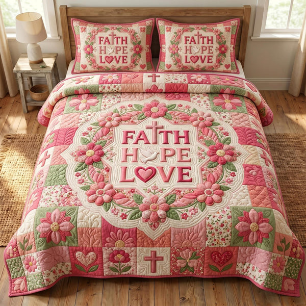 Christian Faith quilted 3-piece bedding set on a made bed in a softly lit bedroom
