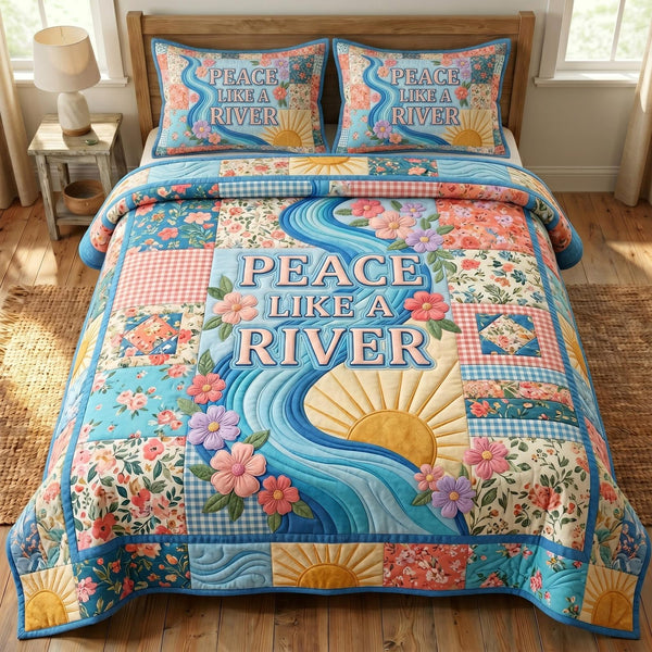 Christian Faith quilted 3-piece bedding set on a made bed in a softly lit bedroom