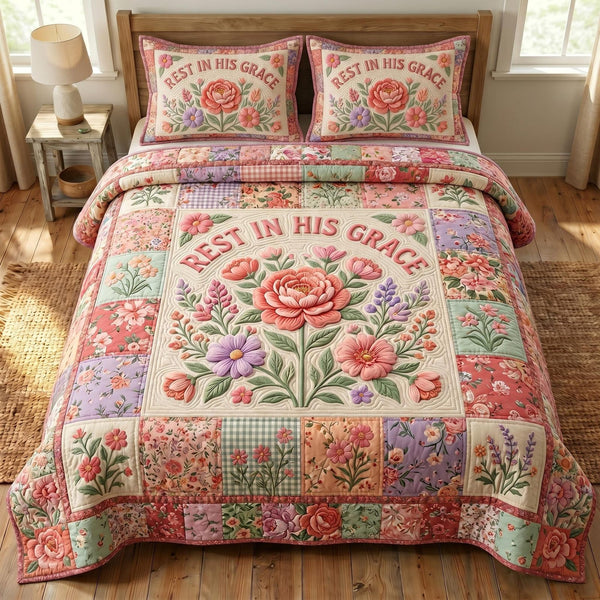 Christian Faith quilted 3-piece bedding set on a made bed in a softly lit bedroom