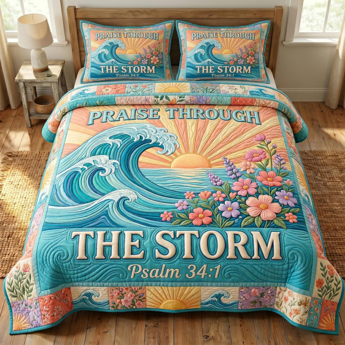 Christian Faith quilted 3-piece bedding set on a made bed in a softly lit bedroom