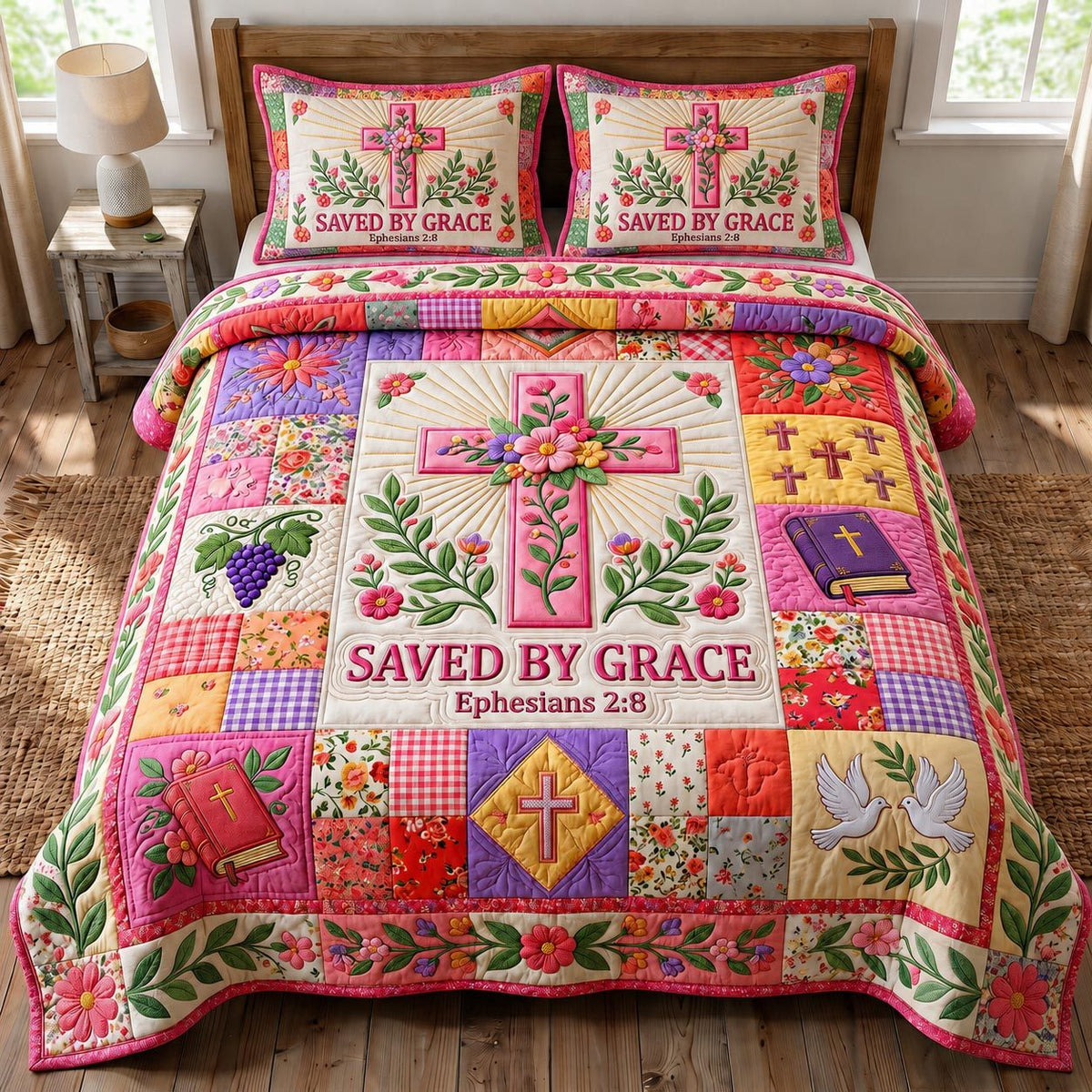 Christian Faith quilted 3-piece bedding set on a made bed in a softly lit bedroom