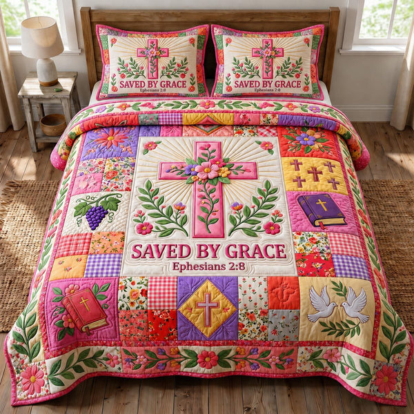 Christian Faith quilted 3-piece bedding set on a made bed in a softly lit bedroom
