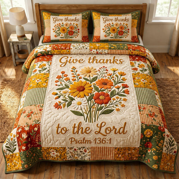 Christian Faith quilted 3-piece bedding set on a made bed in a softly lit bedroom