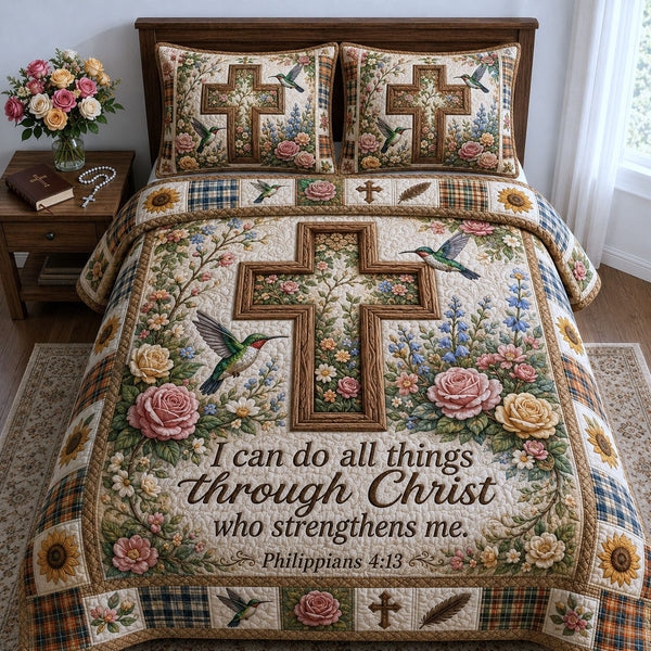 Christian Faith quilted 3-piece bedding set on a made bed in a softly lit bedroom