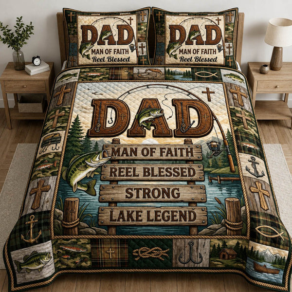 Christian Fishing Dad quilted 3-piece bedding set on a made bed in a softly lit bedroom