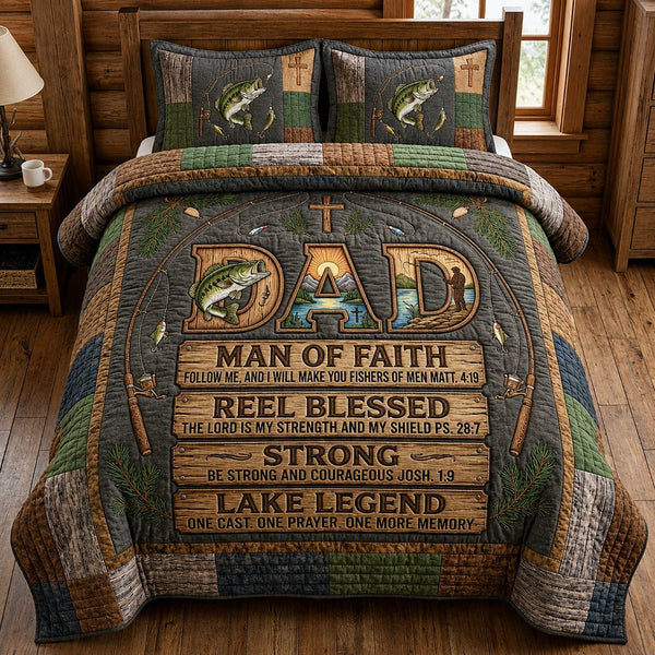 Christian Fishing Dad quilted 3-piece bedding set on a made bed in a softly lit bedroom