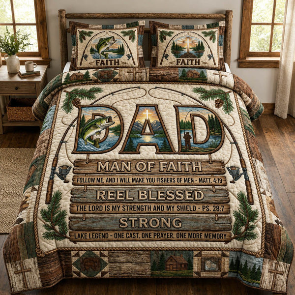 Christian Fishing Dad quilted 3-piece bedding set on a made bed in a softly lit bedroom