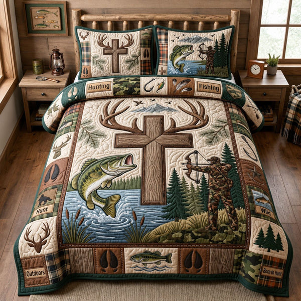 Christian Fishing Hunting quilted 3-piece bedding set on a made bed in a softly lit bedroom