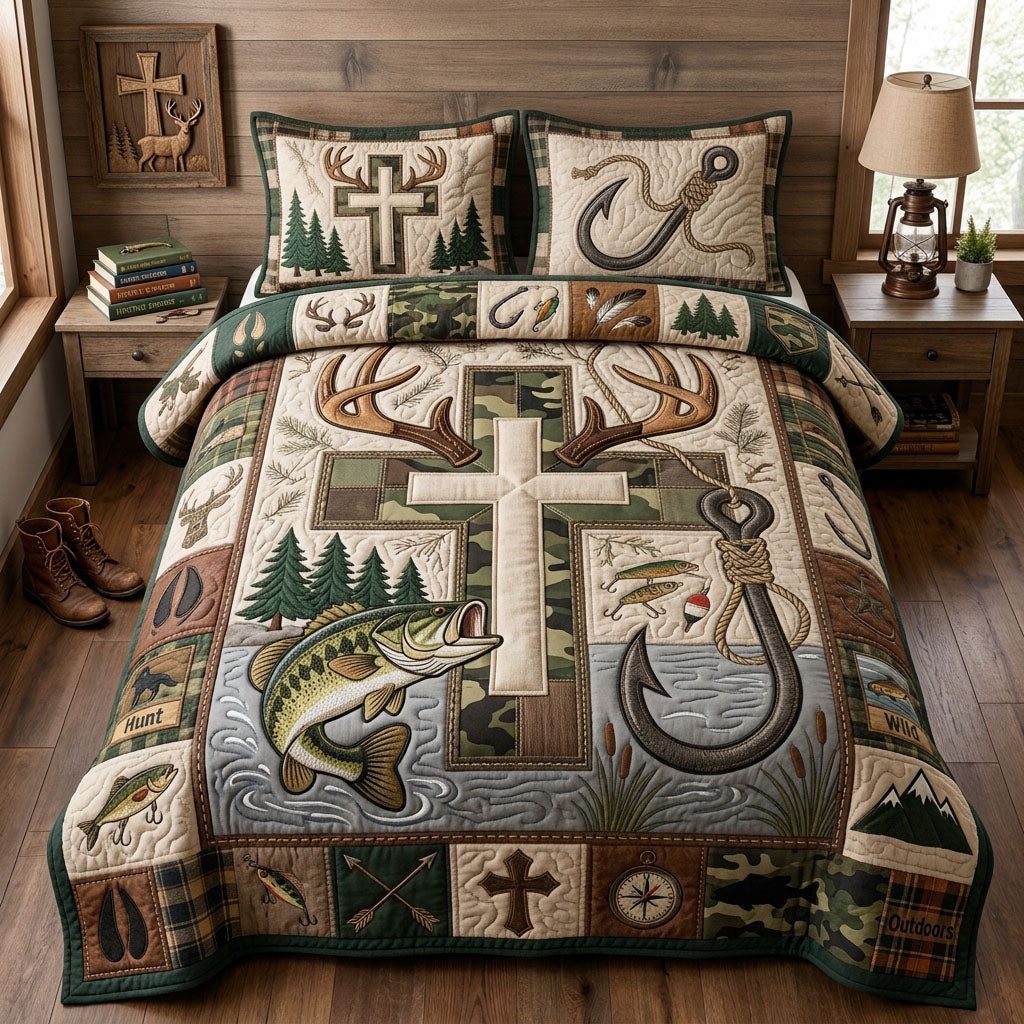 Christian Fishing Hunting quilted 3-piece bedding set on a made bed in a softly lit bedroom
