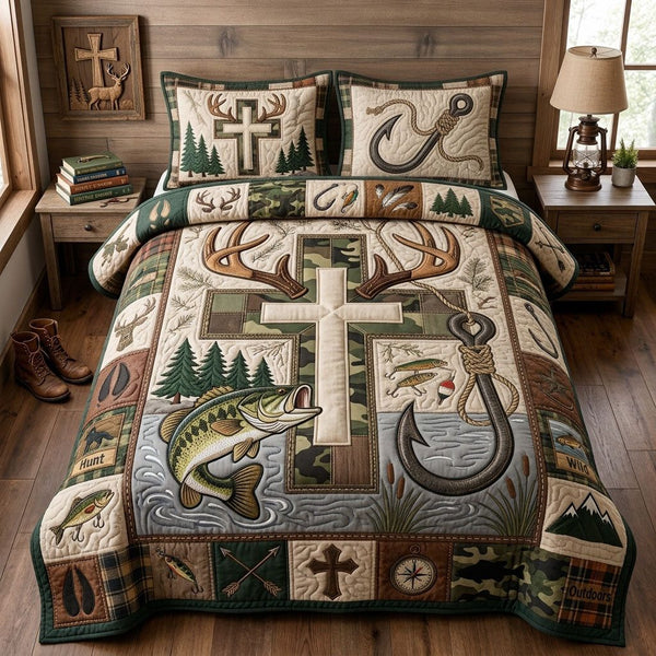 Christian Fishing Hunting quilted 3-piece bedding set on a made bed in a softly lit bedroom