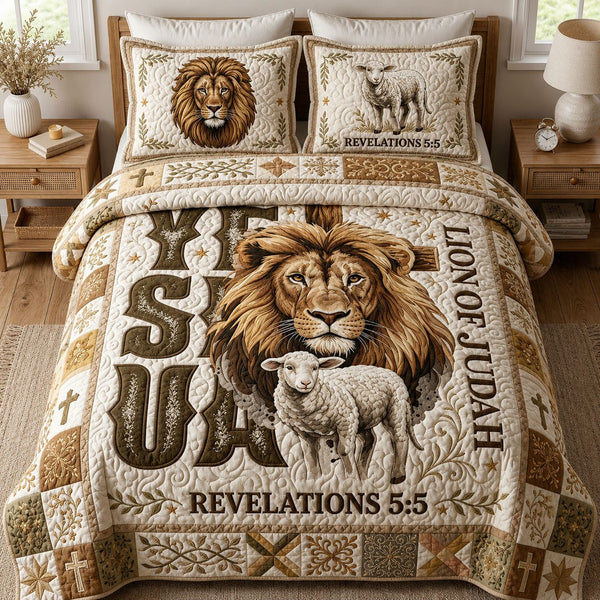Christian Lion of Judah quilted 3-piece bedding set on a made bed in a softly lit bedroom