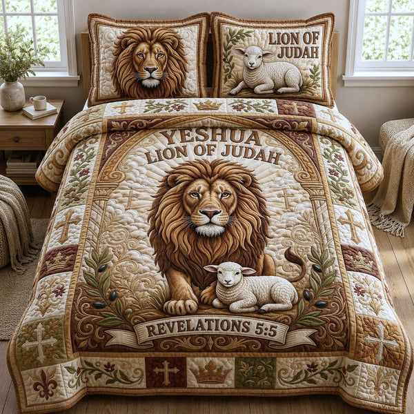Christian Lion of Judah quilted 3-piece bedding set on a made bed in a softly lit bedroom