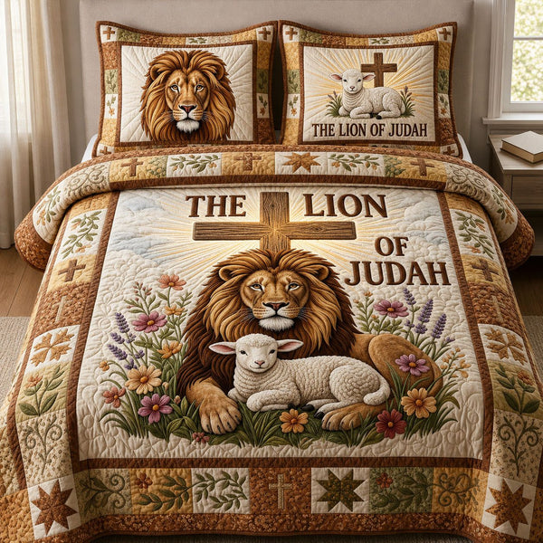 Christian Lion of Judah quilted 3-piece bedding set on a made bed in a softly lit bedroom