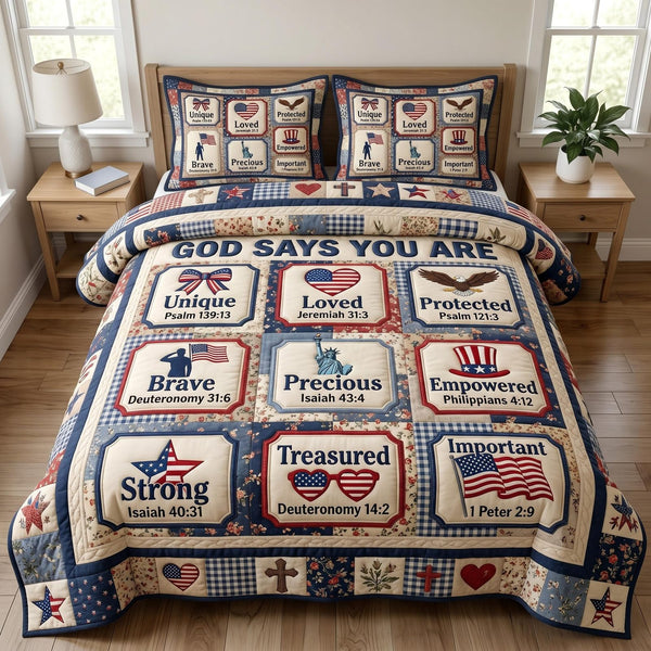 Christian Patriotic quilted 3-piece bedding set on a made bed in a warmly lit bedroom