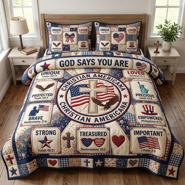 Christian Patriotic quilted 3-piece bedding set on a made bed in a warmly lit bedroom