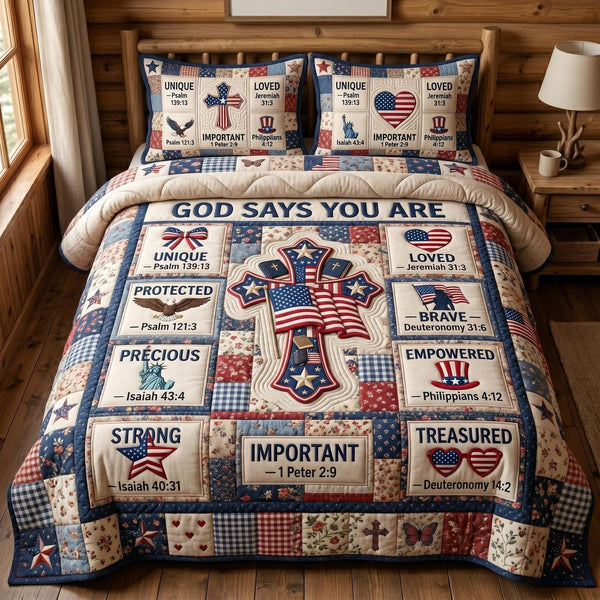 Christian Patriotic quilted 3-piece bedding set on a made bed in a warmly lit bedroom
