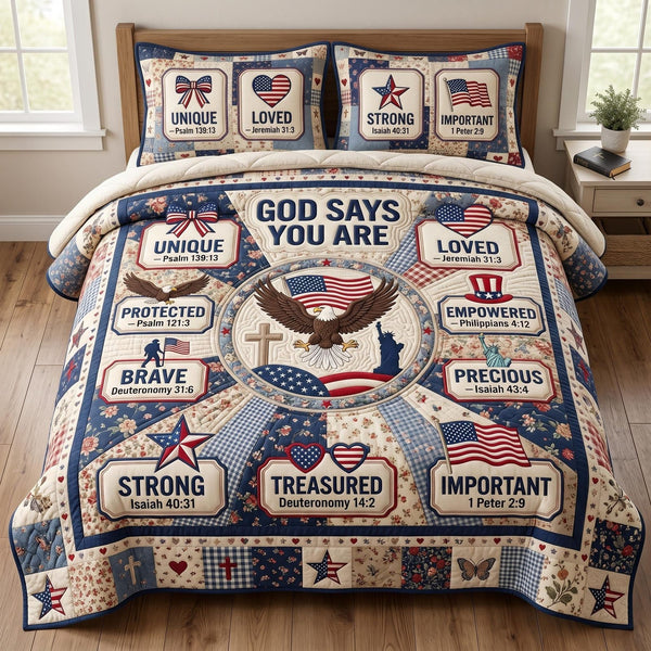 Christian Patriotic quilted 3-piece bedding set on a made bed in a warmly lit bedroom