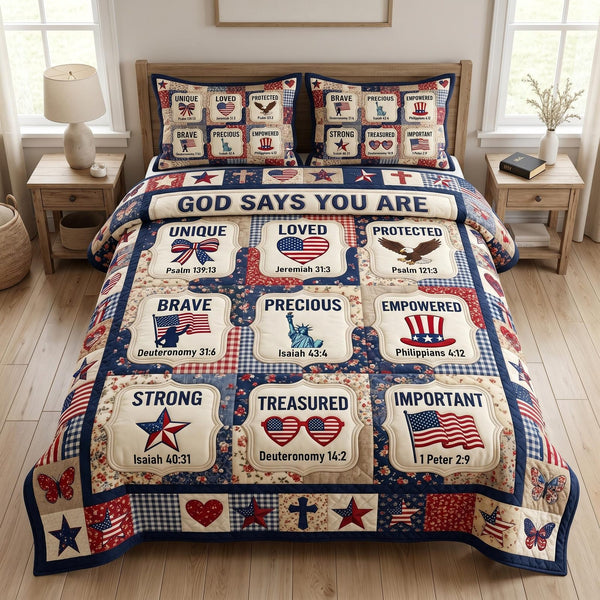 Christian Patriotic quilted 3-piece bedding set on a made bed in a warmly lit bedroom