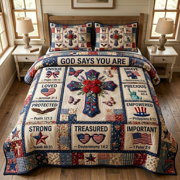 Christian Patriotic quilted 3-piece bedding set on a made bed in a warmly lit bedroom