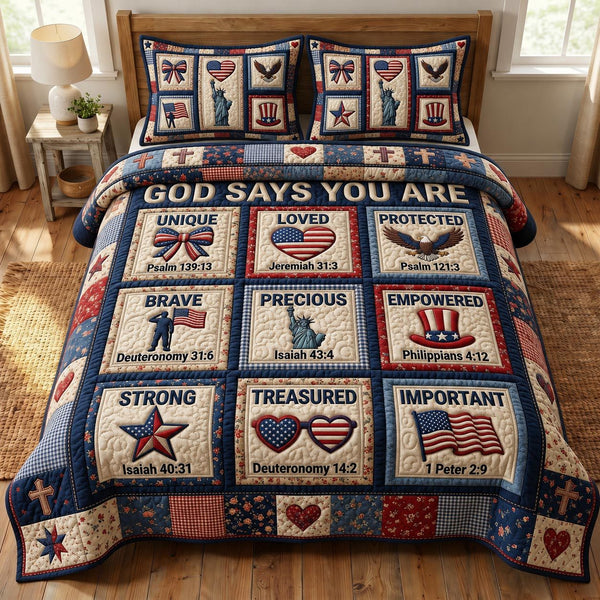 Christian Patriotic quilted 3-piece bedding set on a made bed in a warmly lit bedroom