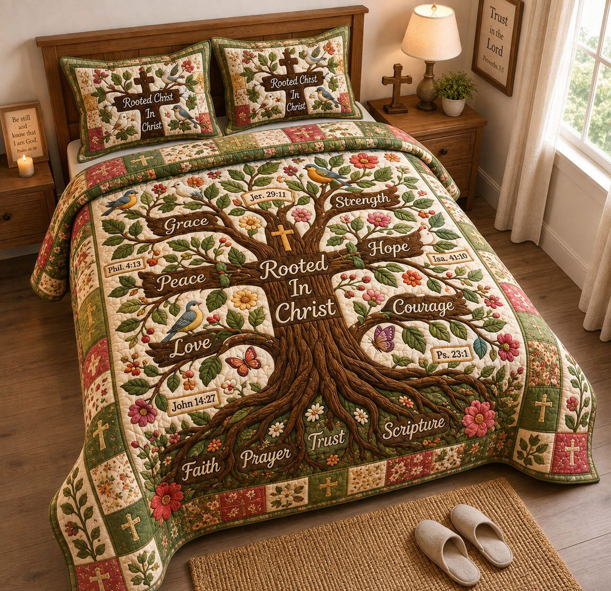 Christian Rooted in Christ quilted 3-piece bedding set on a made bed in a softly lit bedroom