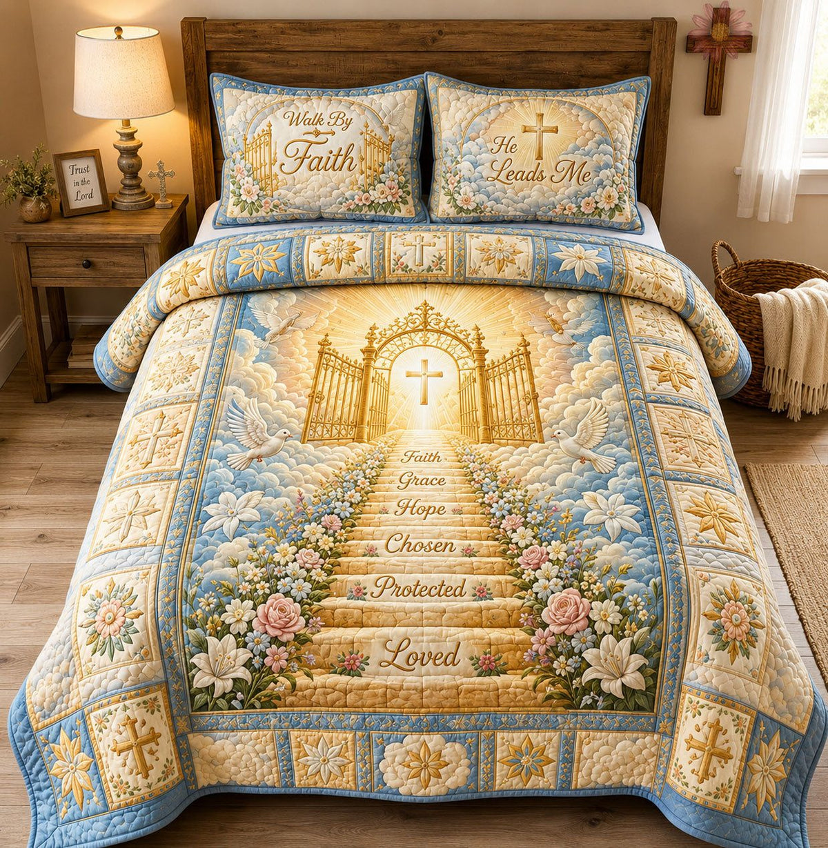 Christian Walk by Faith quilted 3-piece bedding set on a made bed in a softly lit bedroom