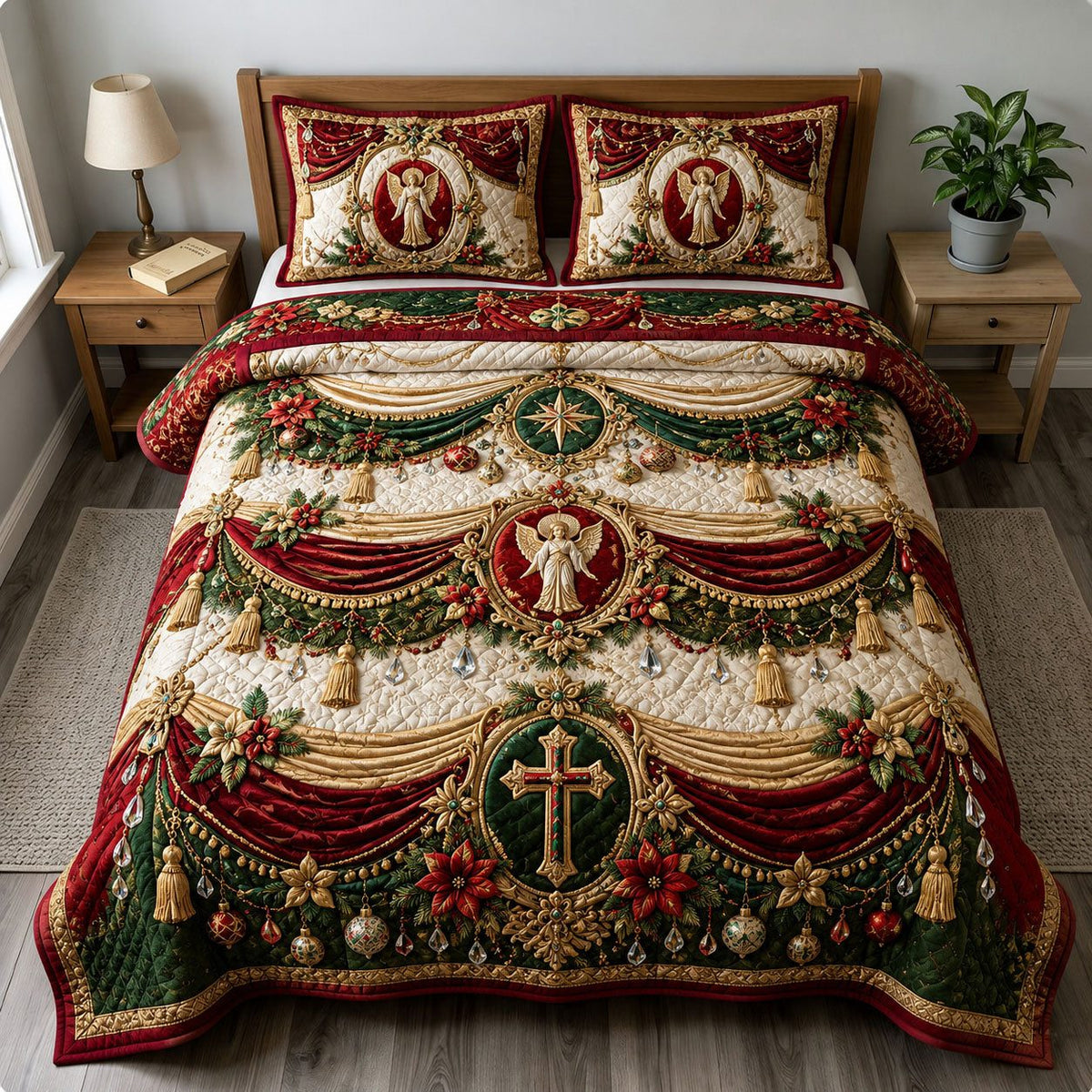 Christmas Angel Cross quilted 3-piece bedding set on a made bed in a winter-styled bedroom