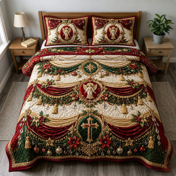 Christmas Angel Cross quilted 3-piece bedding set on a made bed in a winter-styled bedroom