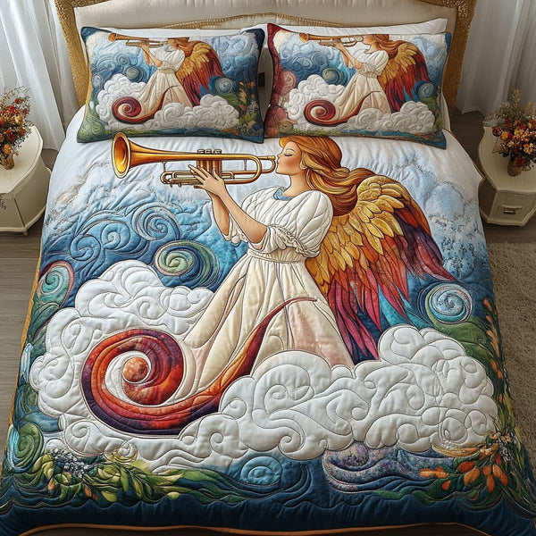 Christmas Angel Melody quilted 3-piece bedding set on a made bed in a winter-styled bedroom