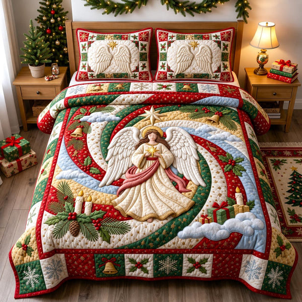 Christmas Angel quilted 3-piece bedding set on a made bed in a winter-styled bedroom