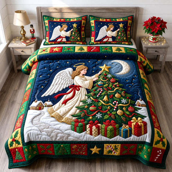 Christmas Angel quilted 3-piece bedding set on a made bed in a winter-styled bedroom