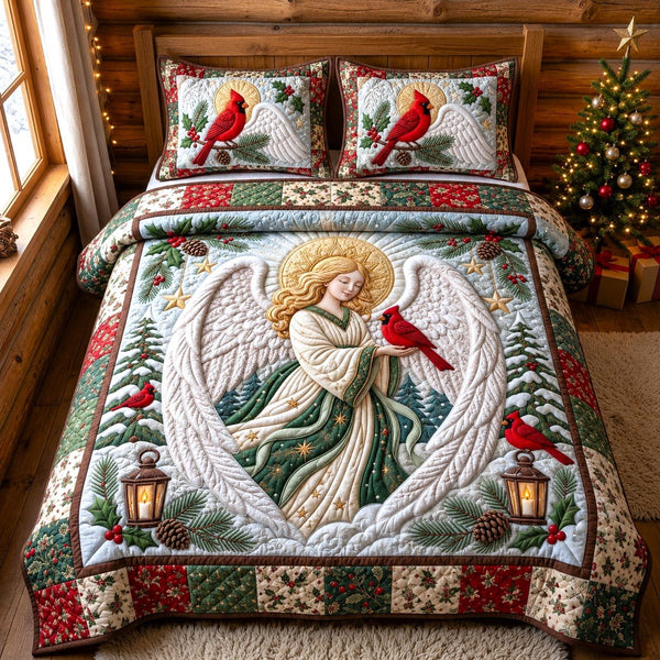 Christmas Angel quilted 3-piece bedding set on a made bed in a winter-styled bedroom